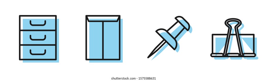 Set line Push pin, Drawer with documents, Envelope and Binder clip icon. Vector