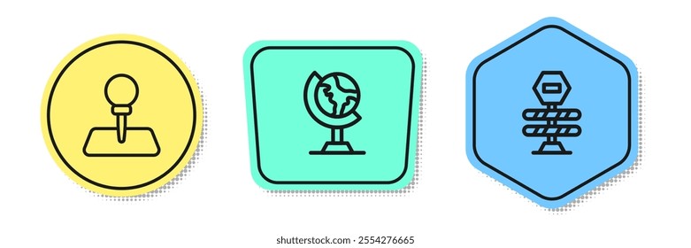 Set line Push pin, Earth globe and Road barrier. Colored shapes. Vector