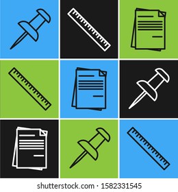 Set line Push pin, File document and Ruler icon. Vector