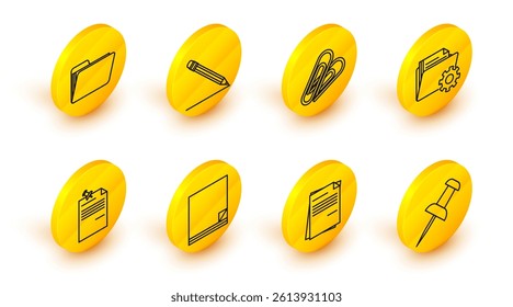 Set line Push pin, File document, Note paper with pinned pushbutton, Folder settings gears, Paper clip, Pencil eraser and line and Document folder icon. Vector