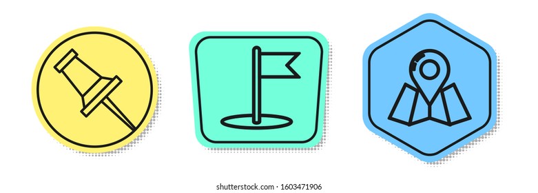 Set line Push pin, Flag and Folded map with location marker. Colored shapes. Vector