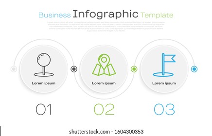 Set line Push pin, Folded map with location marker and Flag. Business infographic template. Vector