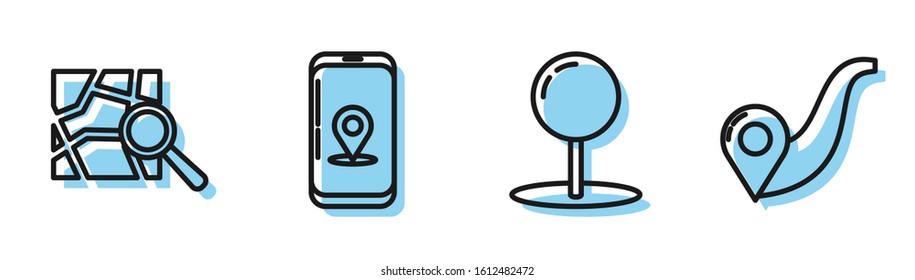 Set line Push pin, Folded map with location marker, Infographic of city map navigation and Route location icon. Vector