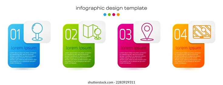 Fijar el pasador de inserción de línea, el mapa plegado con el pasador de empuje, la localización y la navegación de mapas de ciudad. Plantilla de infografía empresarial. Vector