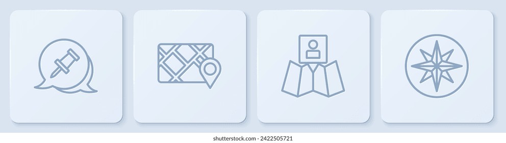 Set line Push pin, Folded map with location marker, Gps device and Wind rose. White square button. Vector