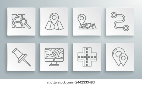 Set line Push pin, Folded map with location marker, Monitor and folded, Road traffic sign, Map, Route and  icon. Vector