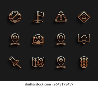 Set line Push pin, Folded map with location marker, Stop sign, Medical pointer cross hospital, Traffic light, Infographic of city navigation, Map house and  icon. Vector