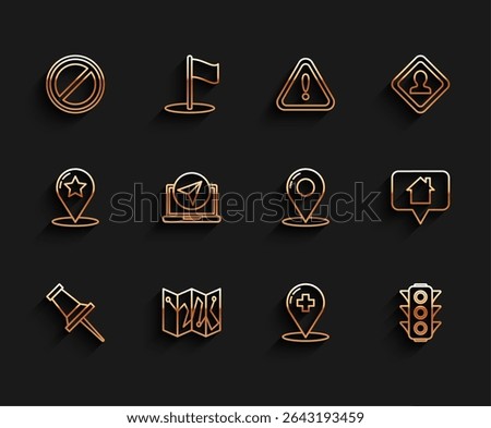Set line Push pin, Folded map with location marker, Stop sign, Medical pointer cross hospital, Traffic light, Infographic of city navigation, Map house and  icon. Vector
