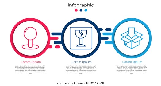 Fijar el pasador de empuje, el vidrio roto y la caja de cartón frágiles con el símbolo de tráfico. Plantilla de infografía de negocios. Vector