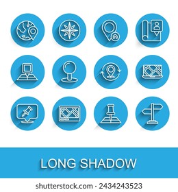 Set line Push pin, Gps device with map, Location on the globe, Folded location marker, Road traffic sign, City navigation and Map icon. Vector