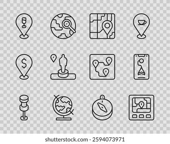 Set line Push pin, Gps device with map, City navigation, Earth globe, Alcohol or beer bar location, Location and monument, Compass and  icon. Vector