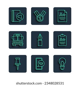 Set line Push pin, Graduation cap on mobile, Light bulb with idea, Exam sheet A plus grade, Fountain pen nib, School Bus, Audio book and  icon. Vector