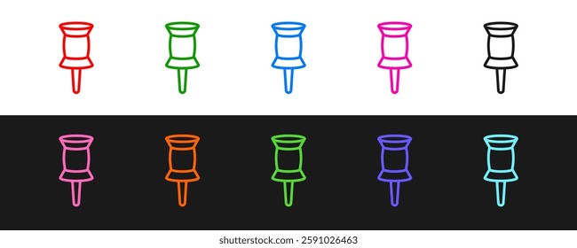 Set line Push pin icon isolated on black and white background. Thumbtacks sign.  Vector