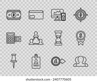 Set Line Push Pin, Identification Button, Stacks Paper Money Cash, Project Team Base, Coin mit Pfund Sterling Symbol und Belohnung für gute Arbeit Symbol. Vektorgrafik