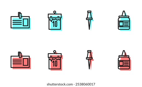 Set line Push pin, Identification badge, Calendar and Glue icon. Vector