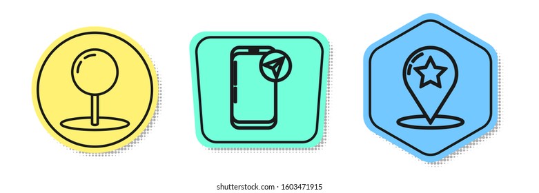 Set line Push pin, Infographic of city map navigation and Map pointer with star. Colored shapes. Vector