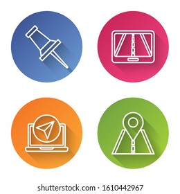 Set line Push pin, Infographic of city map navigation, Infographic of city map navigation and Road traffic sign. Color circle button. Vector