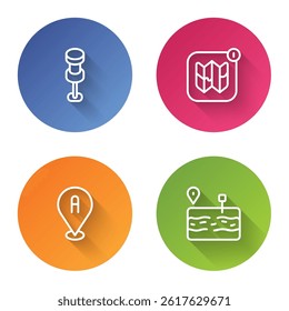 Set line Push pin, Infographic of city map, Location and Broken road. Color circle button. Vector