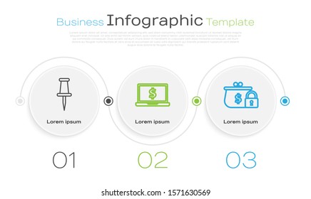 Set line Push pin, Laptop with dollar symbol and Closed wallet with lock. Business infographic template. Vector