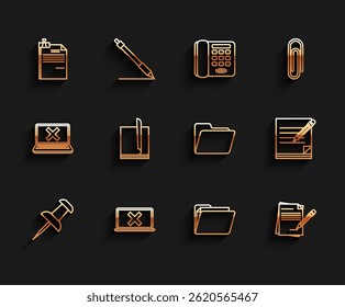 Set line Push pin, Laptop and cross mark on screen, File document binder clip, Document folder, Blank notebook pencil with eraser,  and  icon. Vector