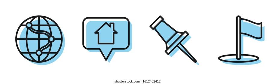 Set line Push pin, Location on the globe, Map pointer with house and Flag icon. Vector