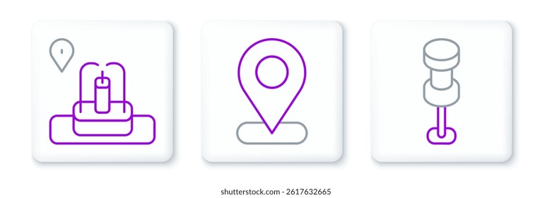 Set line Push pin, Location with fountain and  icon. Vector
