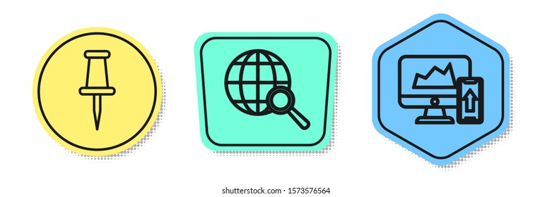 Set line Push pin, Magnifying glass with globe and Financial chart or graph on the computer monitor and mobile phone. Colored shapes. Vector