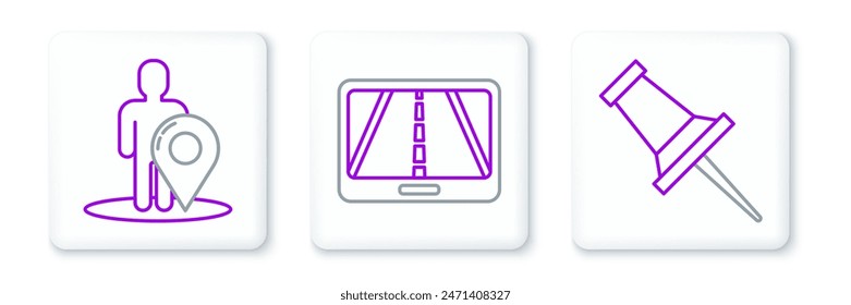 Set line Push pin, Map marker with a silhouette of a person and Infographic city map navigation icon. Vector