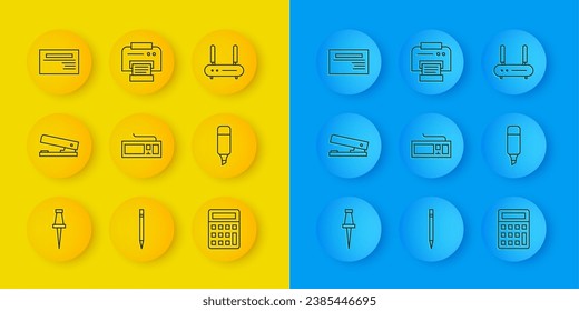 Set line Push pin, Office stapler, Keyboard, Calculator, Marker pen, Business card, Router and wi-fi signal and Printer icon. Vector