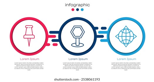 Set line Push pin, Road traffic sign and World globe with compass. Business infographic template. Vector