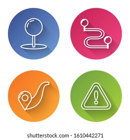 Set line Push pin, Route location, Route location and Exclamation mark in triangle. Color circle button. Vector