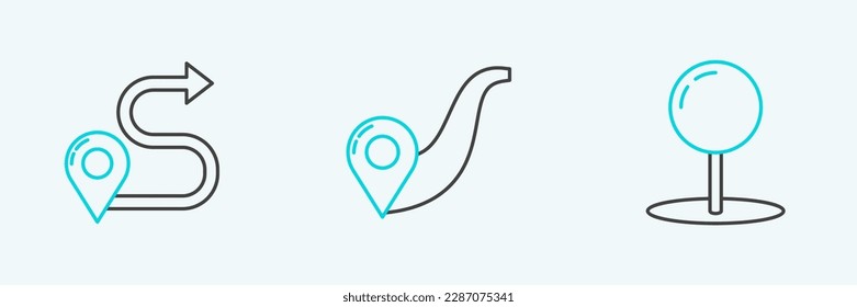 Set line Push pin, Route location and  icon. Vector