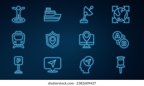Fijar el pasador de inserción de línea, la ubicación de la ruta, el radar, la protección de ubicación, el tren, con la persona, el marcador del monitor y el icono de la ruta de la línea de envío. Vector