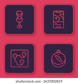Set line Push pin, Route location, City map navigation and Compass. Blue square button. Vector