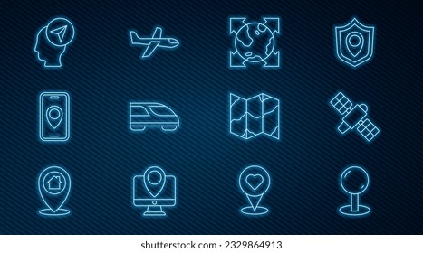 Set line Push pin, Satellite, World globe with compass, High-speed train, City map navigation, Location person, Folded and Plane icon. Vector