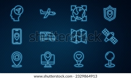 Set line Push pin, Satellite, World globe with compass, High-speed train, City map navigation, Location person, Folded and Plane icon. Vector
