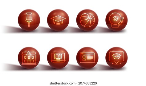 Set Line Push-Pin, Schulgebäude, Ringwecker-Glocke, Online-Klasse, Graduationskappe, Sprachblase und Basketballsymbol. Vektorgrafik