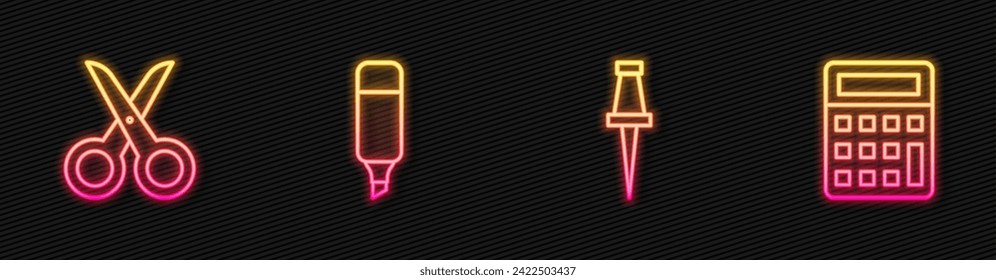 Set line Push pin, Scissors, Marker pen and Calculator. Glowing neon icon. Vector