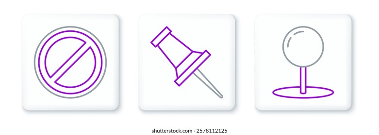 Set line Push pin, Stop sign and  icon. Vector