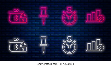 Set line Push pin, Stopwatch, Closed wallet with lock and Presentation financial with graph, schedule, chart, diagram, infographic, pie graph. Glowing neon icon on brick wall. Vector
