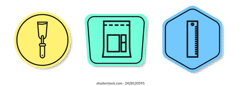 Set line Putty knife, Cement bag and Ruler. Colored shapes. Vector