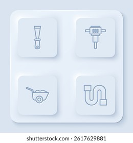 Set line Putty knife, Construction jackhammer, Wheelbarrow and Industry pipe. White square button. Vector