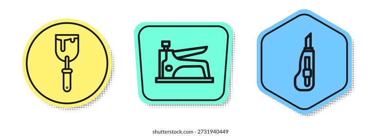 Set line Cuchillo de masilla, grapadora de construcción y cuchillo de papelería. Formas de colores. Vector