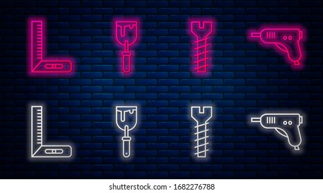 Set line Putty knife, Metallic screw, Corner ruler and Electric hot glue gun. Glowing neon icon on brick wall. Vector