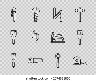 Set line Putty knife, Roulette construction, Folding ruler, Hand saw, Calliper or caliper scale, drill, Wrench spanner and Paint brush icon. Vector