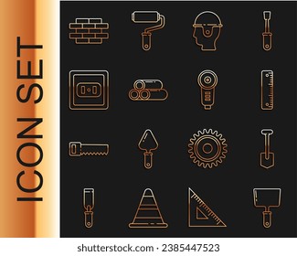Set line Putty knife, Shovel, Ruler, Worker safety helmet, Industry metallic pipe, Electrical outlet, Bricks and Angle grinder icon. Vector