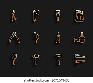 Set line Putty knife, Sledgehammer, Drawing compass, Claw, Clamp tool, Hand drill, Angle grinder and Stationery icon. Vector
