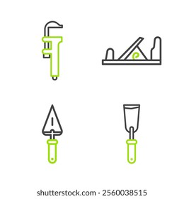 Set line Putty knife, Trowel, Wood plane tool and Calliper or caliper and scale icon. Vector