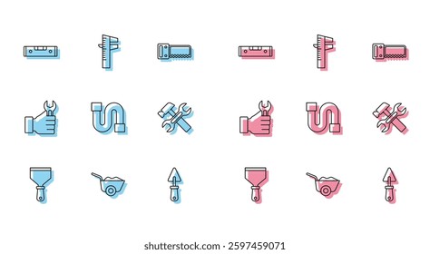 Set line Putty knife, Wheelbarrow, Construction bubble level, Trowel, Industry pipe, Hammer and wrench, Wrench spanner and Calliper or caliper scale icon. Vector