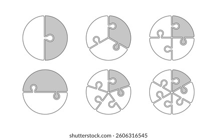Set of Line Puzzle Peaces in circle. Infographic pie, business strategy or marketing presentation. Vector illustration